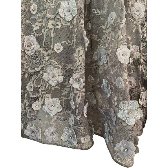 Mac Duggal Long Sleeve Floral Applique Embellished Lace Dress Sterling Size 8 - Picture 12 of 16